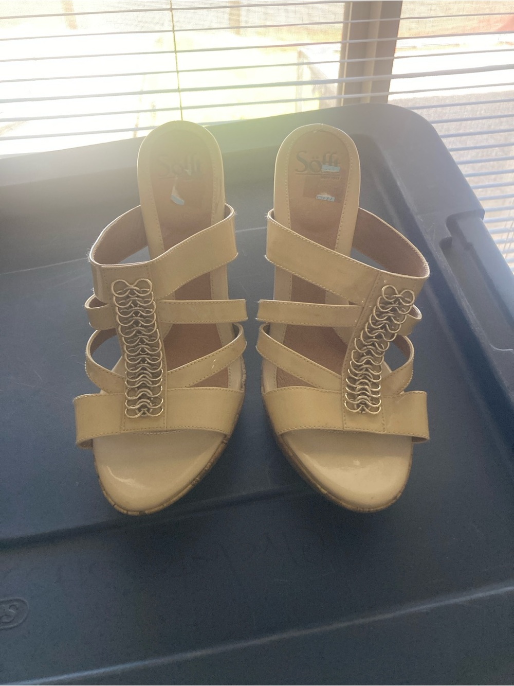 Sofft Women's Tan Slip-On Wedge Mule with Chain Accent